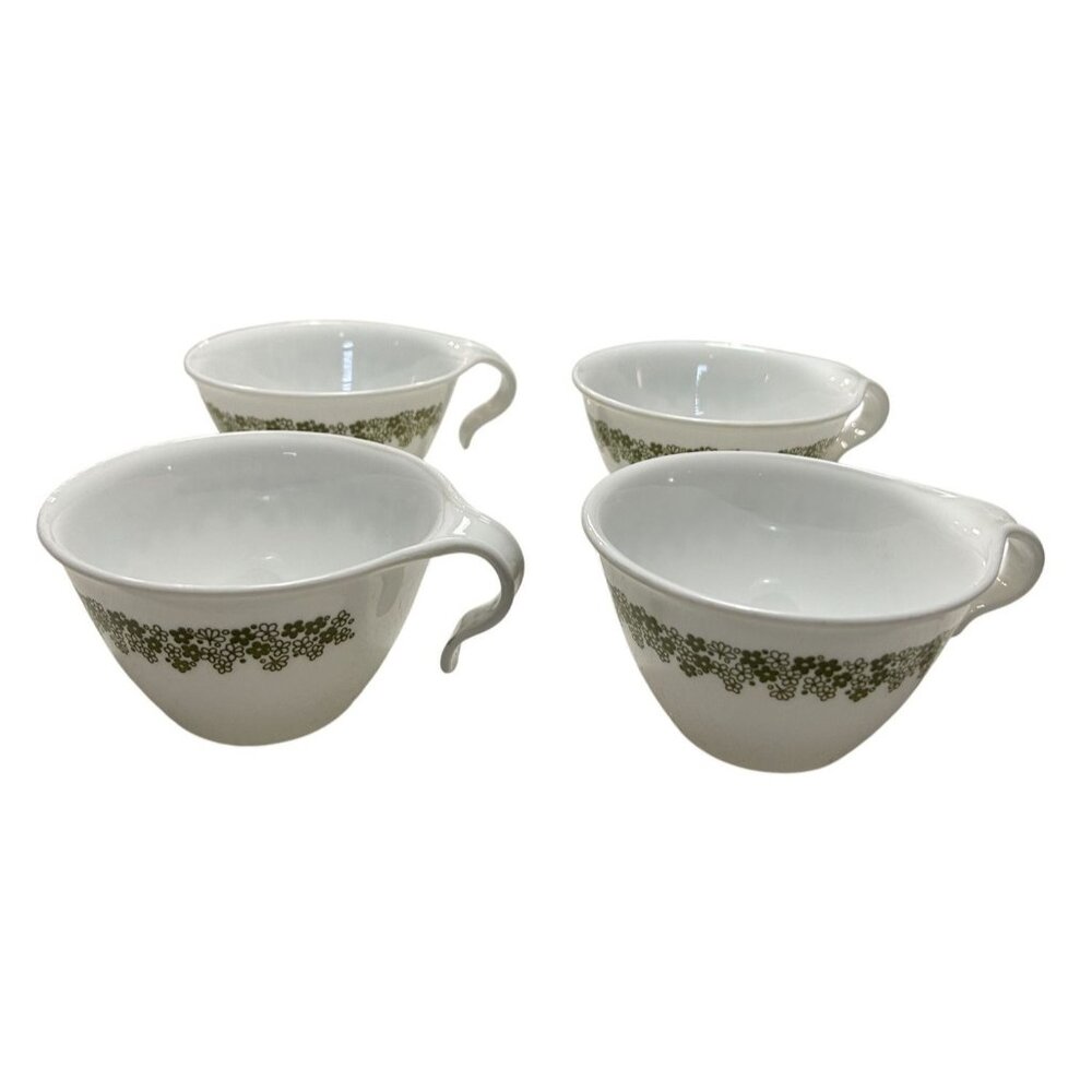Vintage Corelle Livingware Green Daisies Coffee/Tea Cups Set Of 4 White 8 Oz